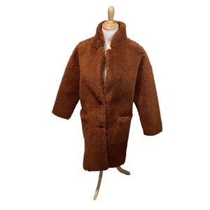 Zara Brown Faux Fur Lined Leather Coat Womens Oversized Collar